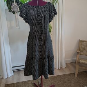 Handmade Black Polka Dot Midi Dress with Button Front / Small/Medium